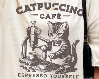 Vintage Cat Coffee Shirt, Espresso Cat Graphic Tee, Cozy Café Aesthetic Shirt, Retro Barista Gift, Boutique Coffee Lover Tee, Cat Mom Gift