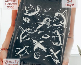 Funny Penguins in Space Tank Top: Retro Galaxy Graphic Tee
