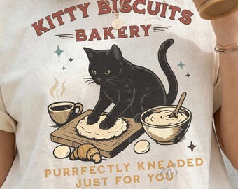 Black Cat Bakery Shirt, Cozy Coffee Cat Tee, Daily Kneads With Warm Brews, Funny Cat Mom & Dad Gift, Vintage Cat Lover Tee, Cozy Cafe Shirt