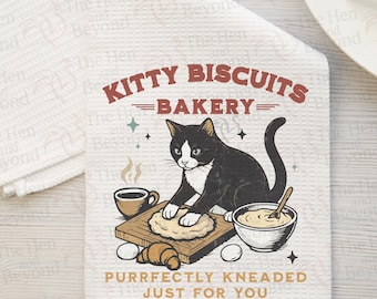 Cat Kitchen Towel, Funny Baking Cat Dish Towel, Kitty Biscuits Bakery Towel, Cute Cat Mom Gift, Vintage Cat Baking Towel Housewarming Gift