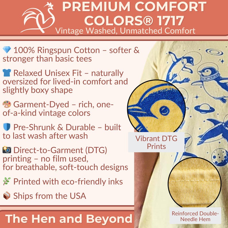 May include: A light yellow t-shirt with a blue and white penguin design. The shirt features the text "PREMIUM COMFORT COLORS&reg; 1717" and "The Hen and Beyond". It has a relaxed unisex fit and is made of 100% ringspun cotton.
