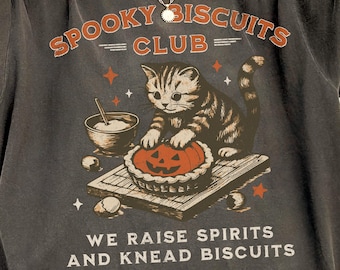 Spooky Cat Comfort Colors Shirt, Vintage Halloween Cat TShirt, Oversized Fall Shirt Gift for Cat Moms Lovers, Bakers & Biscuit Club Fans