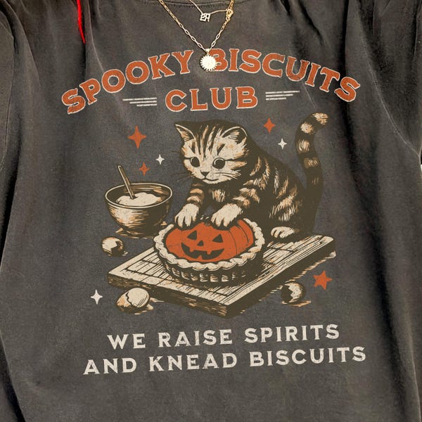 Spooky Cat Comfort Colors Shirt, Vintage Halloween Cat TShirt, Oversized Fall Shirt Gift for Cat Moms Lovers, Bakers & Biscuit Club Fans