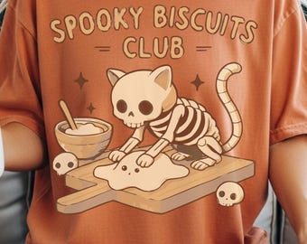 Spooky Cat Skeleton Shirt, Vintage Halloween Comfort Colors Tee, Cozy Fall Gift for Cat Moms Dads, Funny Baking Shirt for Biscuit Club Fans