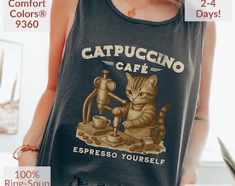 Espresso Cat Mom Tank Top: Vintage Barista Graphic Tee