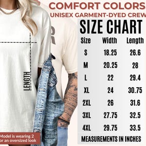 May include: Cream-coloured unisex garment-dyed crewneck with a size chart. The chart lists sizes S to 4XL, with width measurements from 46.35 to 75.57 cm and lengths from 67.56 to 85.09 cm. The text "MEASUREMENTS IN INCHES" is also visible.