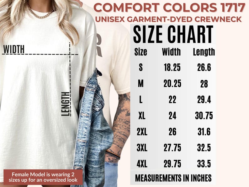 May include: Cream-coloured unisex garment-dyed crewneck with a size chart. The chart lists sizes S to 4XL, with width measurements from 46.35 to 75.57 cm and lengths from 67.56 to 85.09 cm. The text "MEASUREMENTS IN INCHES" is also visible.