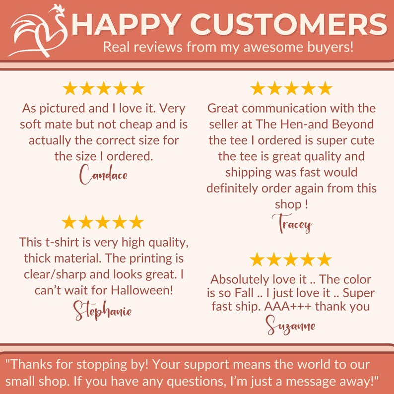 May include: A graphic displaying customer reviews with five-star ratings. The text reads "HAPPY CUSTOMERS" and includes positive feedback about product quality, sizing, and shipping speed. The reviews are from Candace, Tracey, Stephanie, and Suzanne.