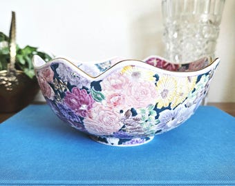 Bol decorativo de porcelana china pintada a mano estilo chinoiserie Mille Fleur Vintage