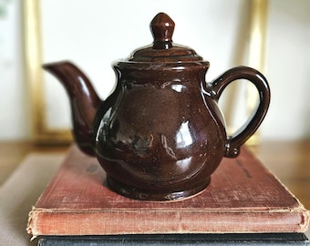 Vintage English Brown Betty Redware Teapot with Rockingham Glaze