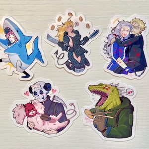 May include: A collection of five whimsical stickers featuring cartoon illustrations. One shows a person in a shark costume, another a woman juggling pancakes, and others depict various characters in playful scenes. The stickers are colorful and detailed.