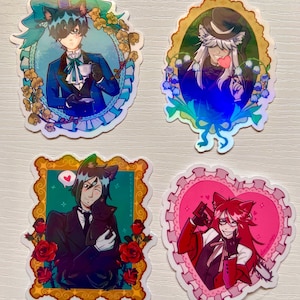 May include: Four anime-style stickers featuring characters with cat ears. One sticker shows a character in a blue suit holding a teacup. Another depicts a character with a heart. The other two stickers show characters in black and red outfits.