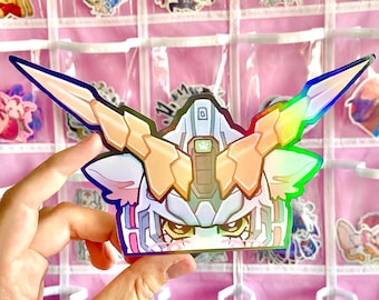 Unicorn Gundam Kitty | Vinyl Holographic Peeker Sticker | Car Decal | Fan Art
