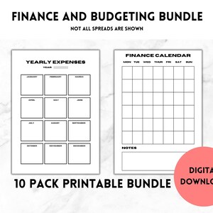 May include: A printable 10-pack bundle of finance and budgeting worksheets. The bundle includes a yearly expenses tracker and a finance calendar. The text "FINANCE AND BUDGETING BUNDLE" and "10 PACK PRINTABLE BUNDLE" is displayed on the image.  The text "NOT ALL SPREADS ARE SHOWN" is also displayed on the image.  The text "DIGITAL DOWNLOAD" is displayed in a red circle.
