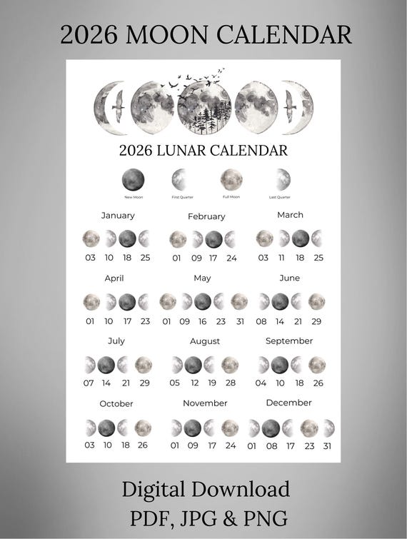 2026 Lunar Calendar - Witches, Rituals, Wicca - PDF & PNG Digital
