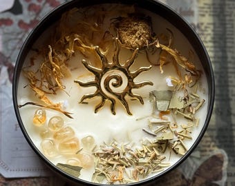God Apollo Candle – Flowers & Crystals Candle - Sun God Inspired, Creativity, Music and Clarity – Offering for Witches, Witchcraft and Altar