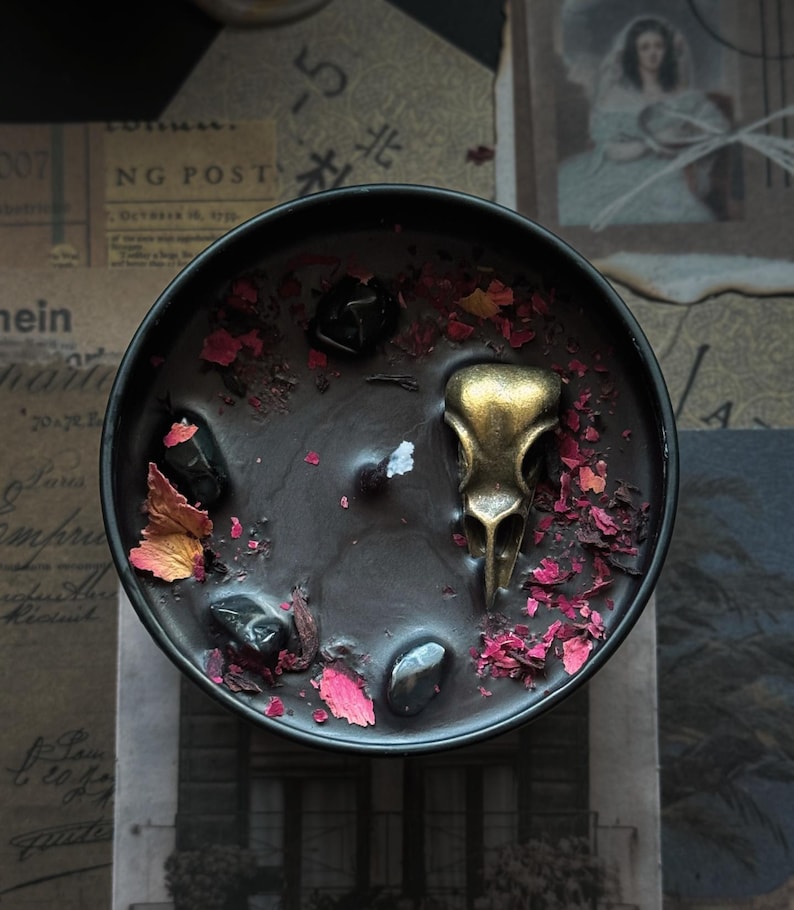 Morrigan Ritual Candle – Goddess of War & Fate – Shadow Work – Triquetra Charm – Black Obsidian – Rose Petals – Witchcraft Candle image 6