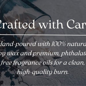 May include: A clear glass jar tipped over, spilling white soy wax flakes onto a textured surface, accompanied by dried lavender sprigs. The text reads: Crafted with Care. Hand-poured with 100% natural soy wax and premium, phthalate-free fragrance oils.