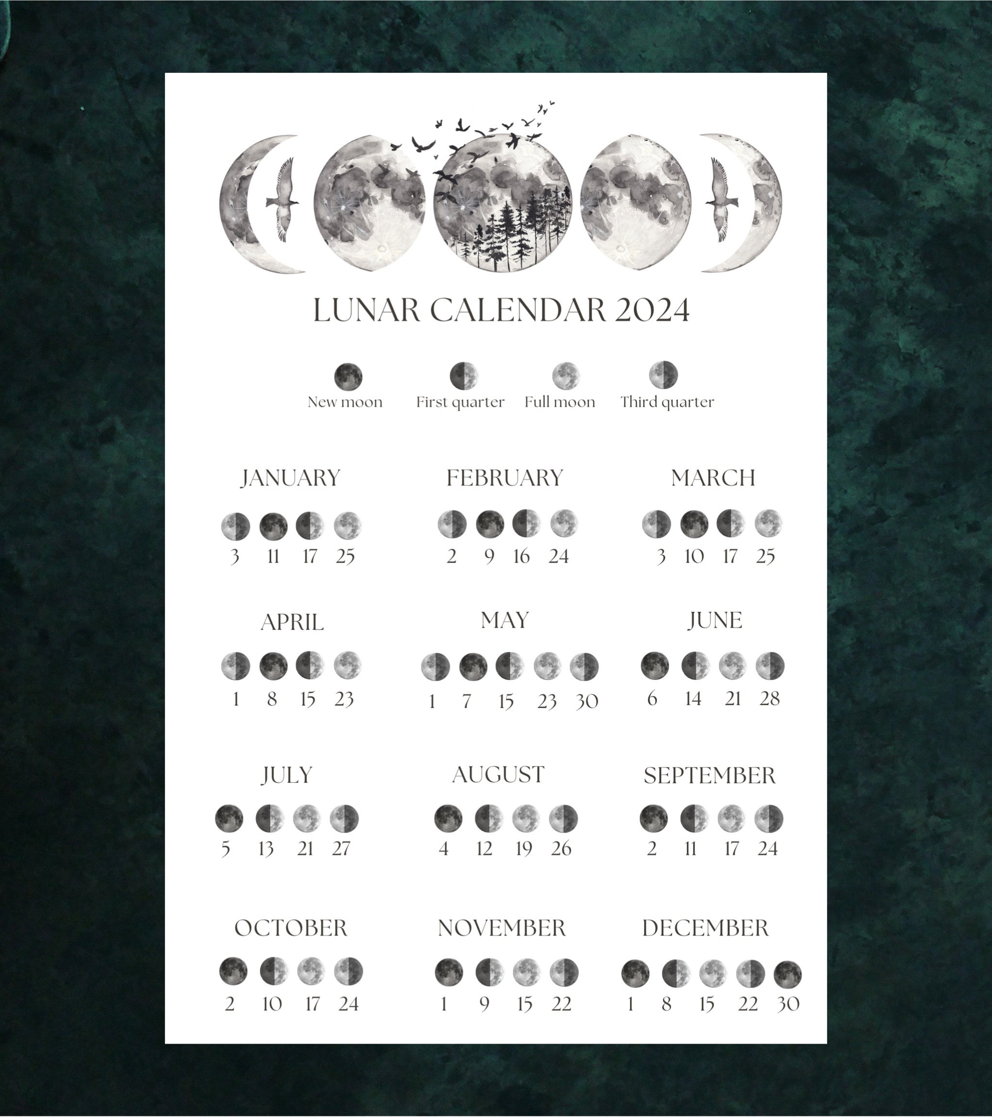 Calendario Lunar imprimible 2024 calendario de fases lunares calendario  lunar 2024 lunas llenas 2024 planificador lunar descarga instantánea -   México