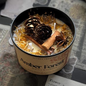 May include: A round candle in a black metal tin with a tan label reading Amber Forest Witch's Woodland. The wax is topped with two brown pinecones, a cinnamon stick, a star anise, and dried yellow flower petals, surrounding two white wicks.