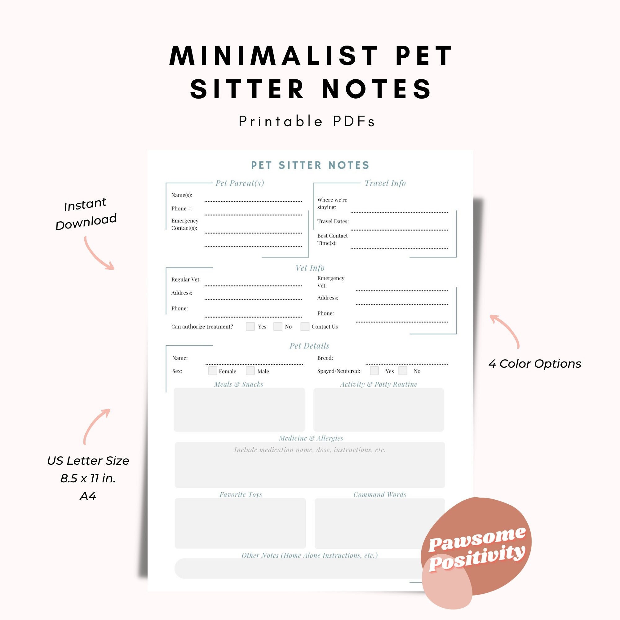 Minimalist Pet Sitter Notes Dog Sitter Cat Sitter Editable PDF Pet Care Pet Sitting Forms