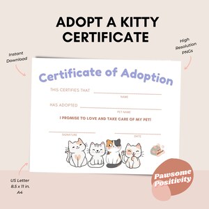 Adopt a Kitty Certificate | Adoption Certificate | Cat Party | Cat Adoption | Adopt a Cat Party | Minimalist | Printable | Kitten Party