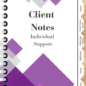 Könnte beinhalten: Ein violettes und graues Notizbuch mit dem Text "Client Notes Individual Support" auf dem Einband. Das Notizbuch hat eine Spiralbindung und einen Holz-Registerreiter mit folgenden Kategorien: Termine, Reisen, Medikamente, Notfallkontakt, Kundenkontakt, Dienstplan und Fallnotizen.