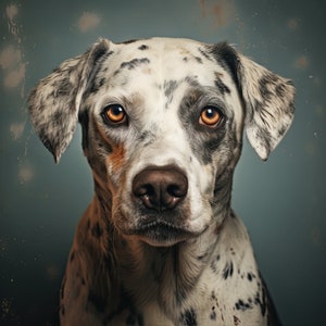 May include: A close-up portrait of a Dalmatian dog with black and white spots. The dog has a serious expression and its eyes are open wide. The background is a blurred blue-green color.