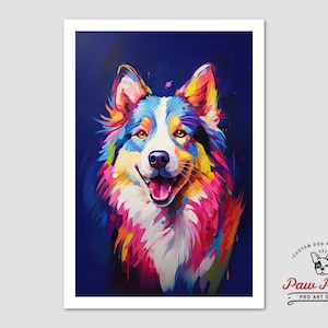 May include: A colorful abstract painting of a dog's face. The dog is a white and brown breed with a blue background. The painting is done in a vibrant style with splashes of pink, yellow, green, and blue.
