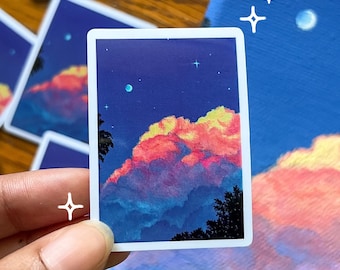 Dreamy Evening Sky Sticker: Pink Orange Clouds, Moon & Stars