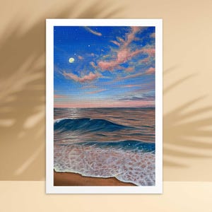 夕方の海景 4インチ×6インチ プリント | ビーチの海の波 オリジナル絵画アート
