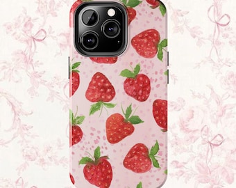 Słodkie różowe etui na telefon z truskawkami | Kobiece i urocze etui na iPhone'a | Kawaii różowy wzór truskawkowy | Modne, zabawne etui na telefon dla dziewczynek