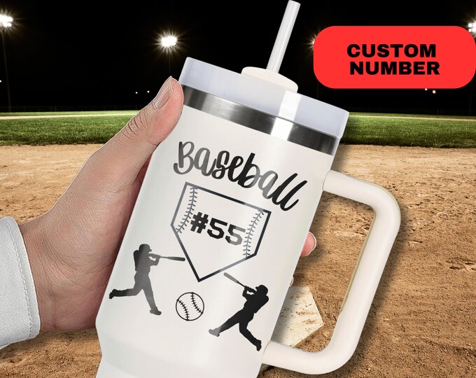 Personalized Baseball Player Tumbler - 40oz Laser Engraved Baseball Travel Mug With Handle - Custom Baseball Player Cup - Engraved Tumbler