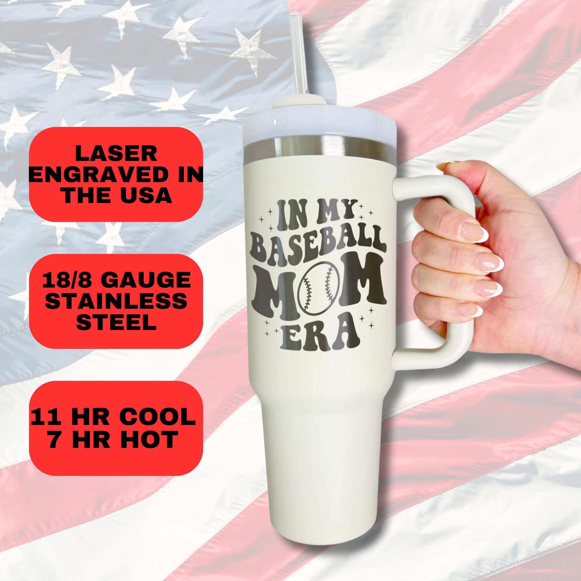 In My Baseball Mom Era 40oz Travel Mug - Laser Engraved Baseball Tumbler for Mother's Day - Stylish and Durable Drinkware for Baseball Moms