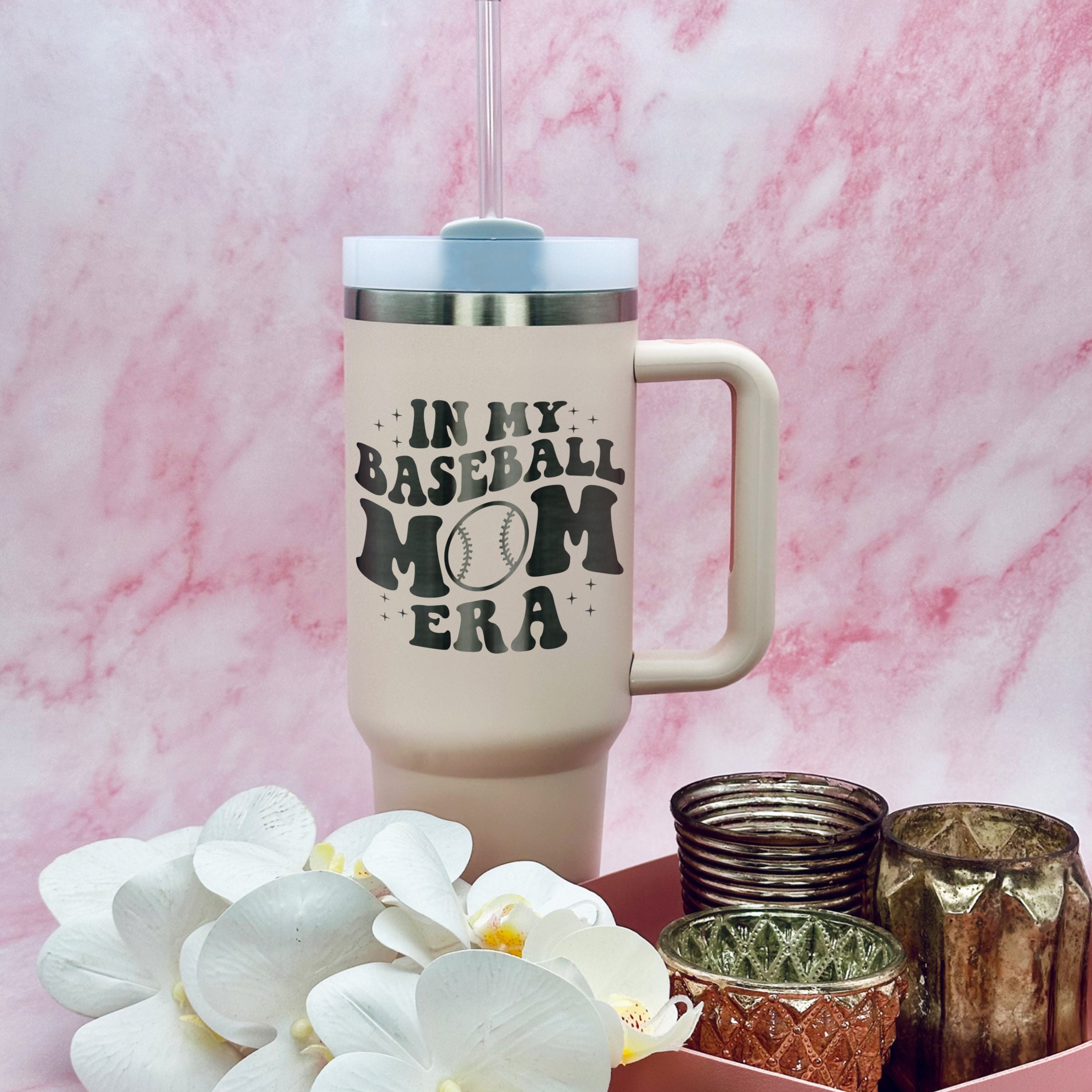 In My Baseball Mom Era 40oz Travel Mug - Laser Engraved Baseball Tumbler for Mother's Day - Stylish and Durable Drinkware for Baseball Moms
