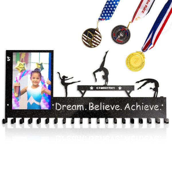 Stainless Steel Medal Holder for Gymnastics with Photo Frame - Personalized Gift for Gymnasts - Gymnast Medal or Leo Hanger and Display