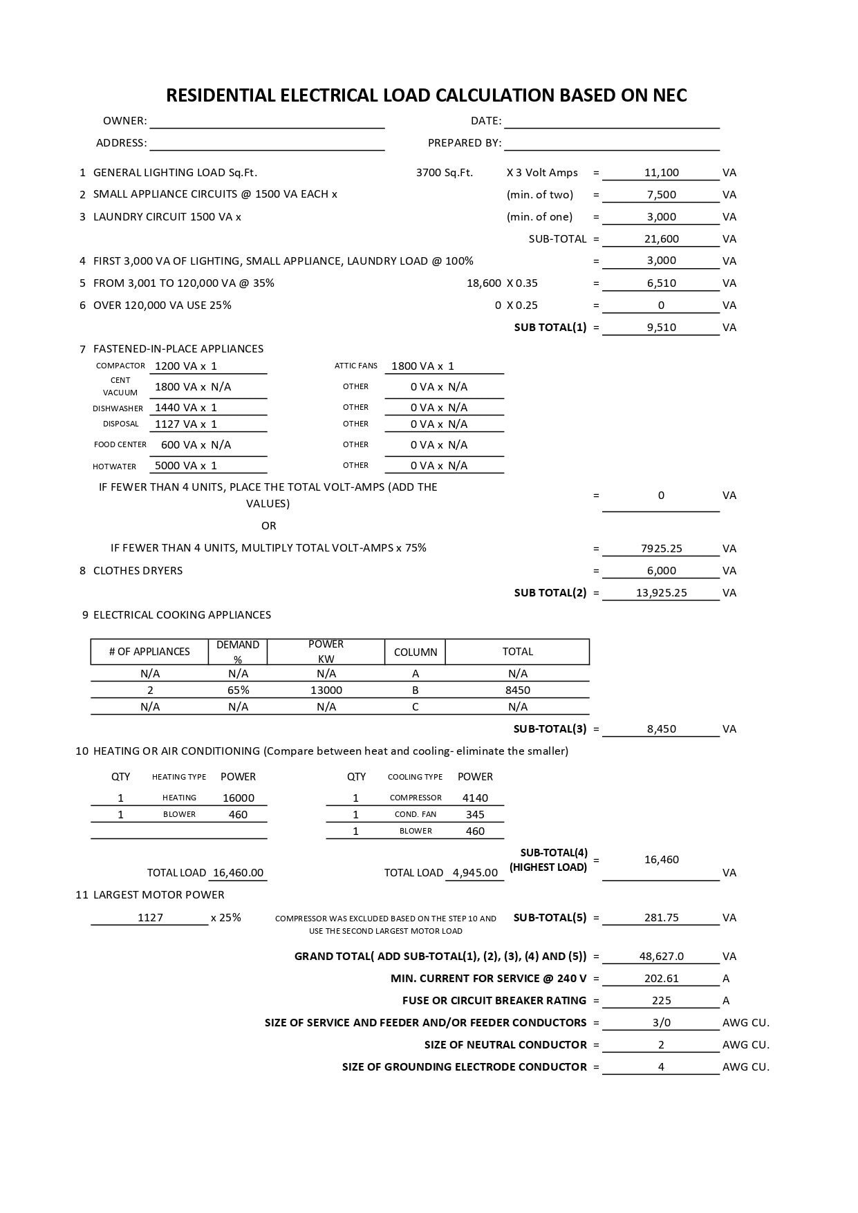 residential electrical load calculations