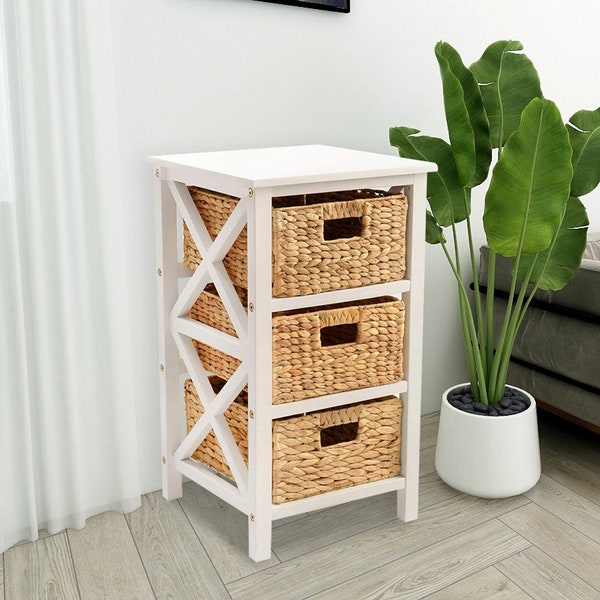 3 Tier X-Side End Storage Cabinet with 3 Water Hyacinth Natural Wicker Baskets