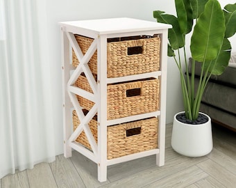 3 Tier X-Side End Storage Cabinet with 3 Water Hyacinth Natural Wicker Baskets