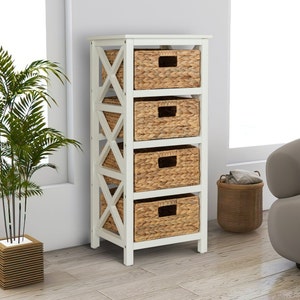 4 Tier X-Side End Storage Cabinet with 4 Water Hyacinth Natural Wicker Baskets