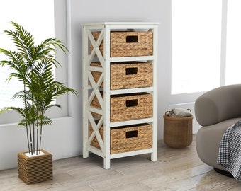 4 Tier X-Side End Storage Cabinet with 4 Water Hyacinth Natural Wicker Baskets