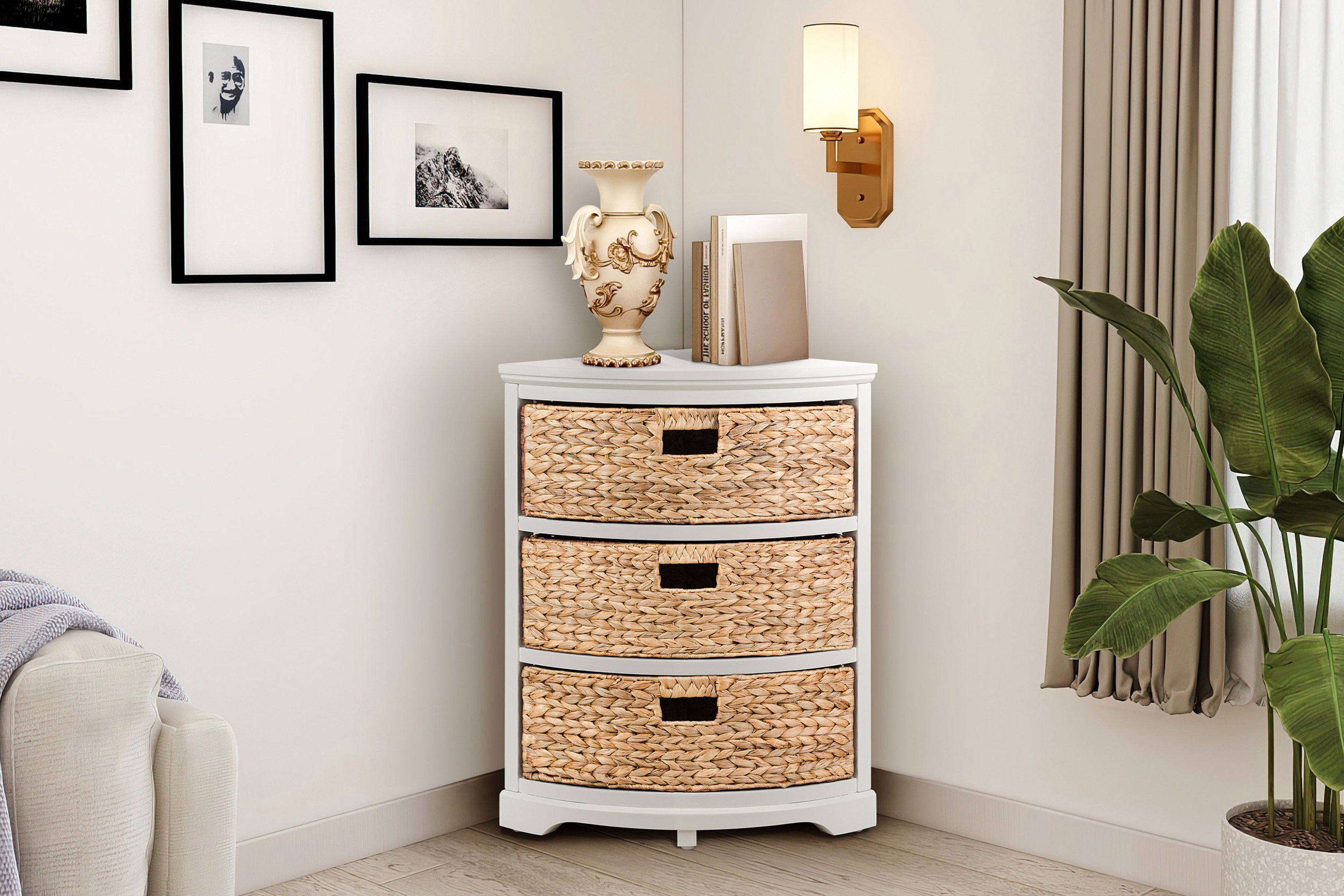 Hampton Meadows 5 Tier X-Side End Storage Cabinet with 5 Water Hyacinth  Natural Wicker Baskets, White