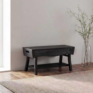 Solid Hardwood Bench with Storage Shelf and 4 Panels, Black