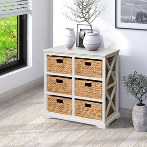 3 Tier X-Side End Storage Cabinet with 6 Water Hyacinth Natural Wicker Baskets