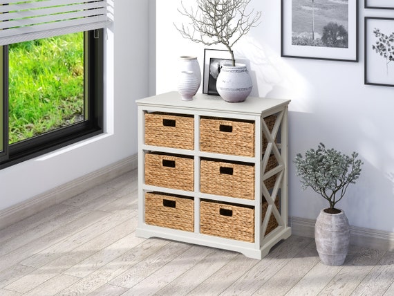 White wooden storage cabinet with wicker baskets discount