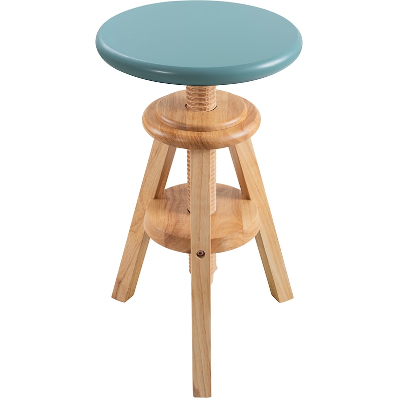 May include: An adjustable wooden stool featuring a teal-coloured circular seat. The base and legs are made of natural wood, with a threaded central column for height adjustment. The legs are angled for stability; the stool is suitable for various uses.