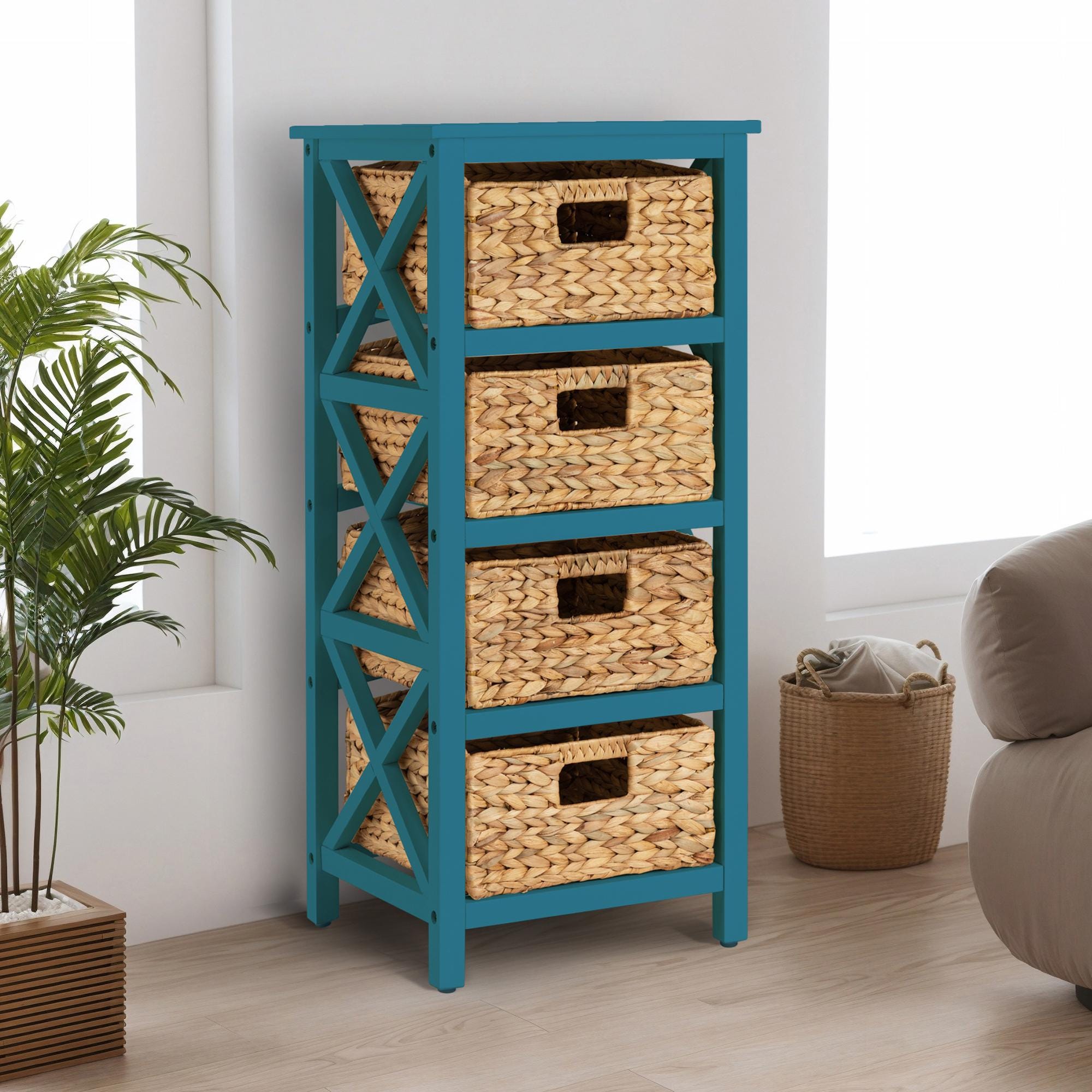 4 Tier X-side End Storage Cabinet With 4 Water Hyacinth Natural