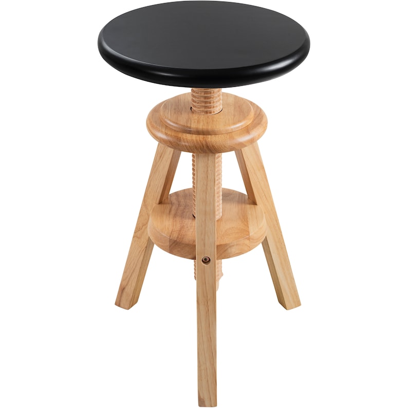 May include: An adjustable wooden stool featuring a round, black seat. The stool has a light-coloured wooden base with three legs and a threaded central column for height adjustment. The seat is approximately 30 cm in diameter.