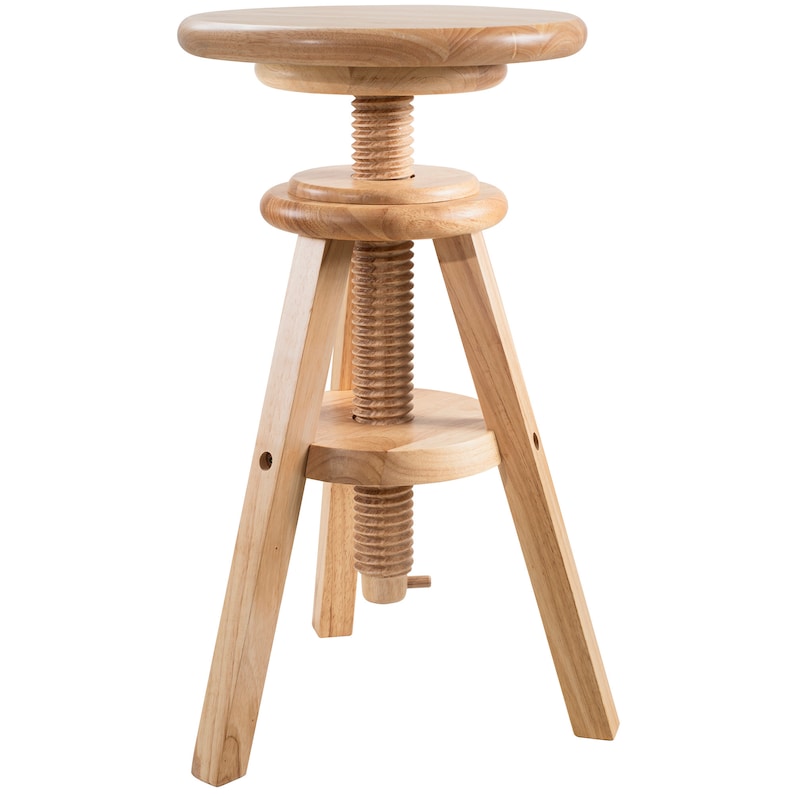 May include: A light-coloured wooden adjustable stool with a round seat and a tripod base. The seat is supported by a threaded mechanism for height adjustment. The stool is made of natural wood, showcasing the grain.