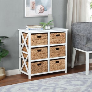 3 Tier X-Side End Storage Cabinet with 6 Water Hyacinth Natural Wicker Baskets